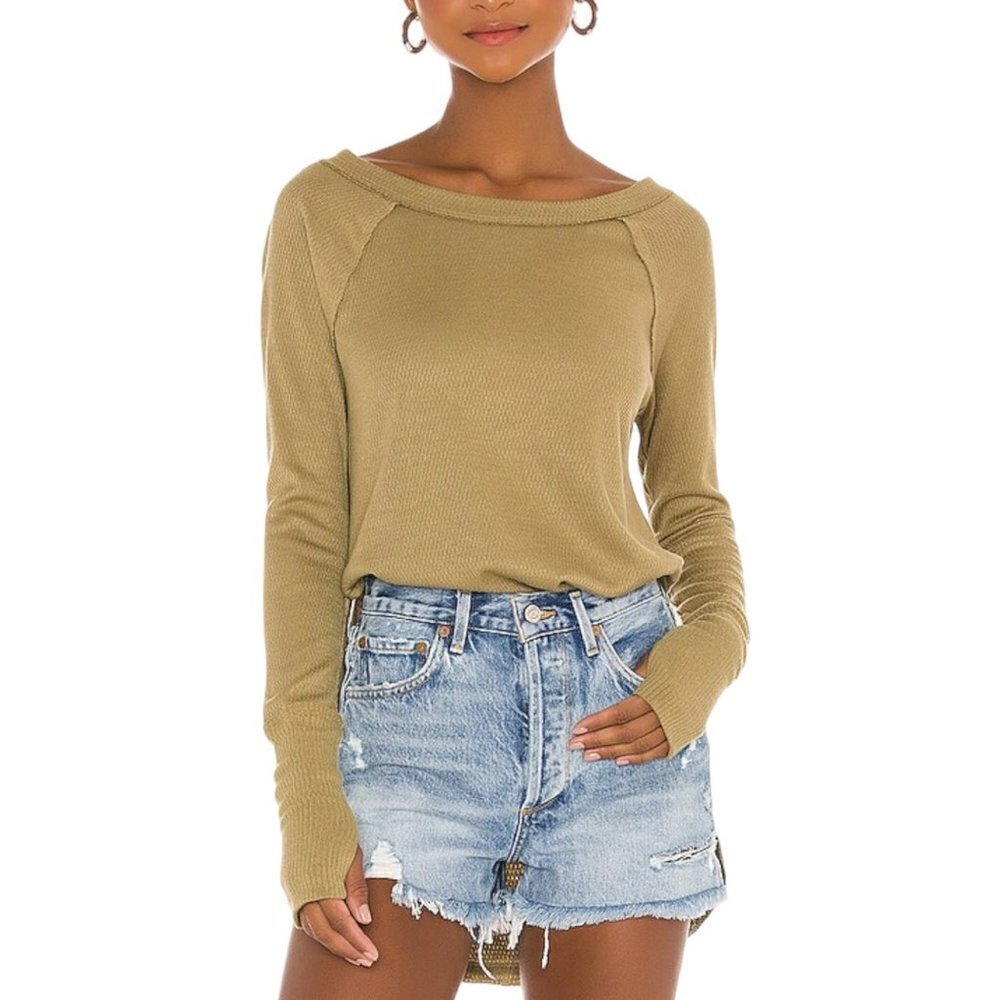 Free People Snowy Thermal Boat Neck Casual Long Sleeve T-Shirt Sunstone Tan XS